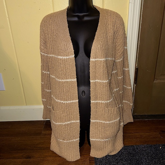 Pink Rose Tan & White Sweater Knit Long Sleeve Cardigan Open Front Size S - Picture 7 of 14